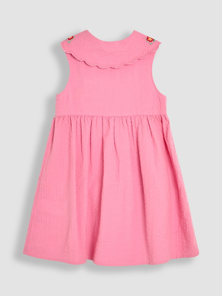 JoJo Maman Bébé Pink Embroidered Scallop Collar Button Through Dress - Image 2 of 4