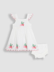 JoJo Maman Bébé Pink Baby Strawberry Embroidered Scallop Sleeve 100% Cotton Dress - Image 1 of 6