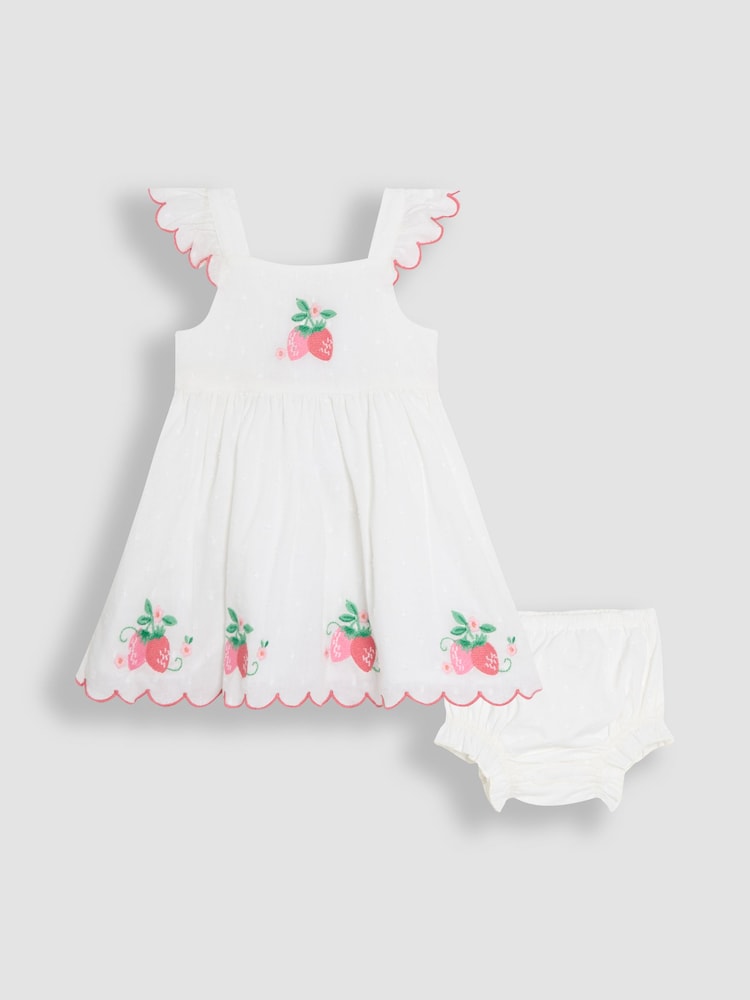 JoJo Maman Bébé Pink Baby Strawberry Embroidered Scallop Sleeve 100% Cotton Dress - Image 1 of 6