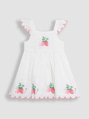 JoJo Maman Bébé Pink Baby Strawberry Embroidered Scallop Sleeve 100% Cotton Dress - Image 2 of 6