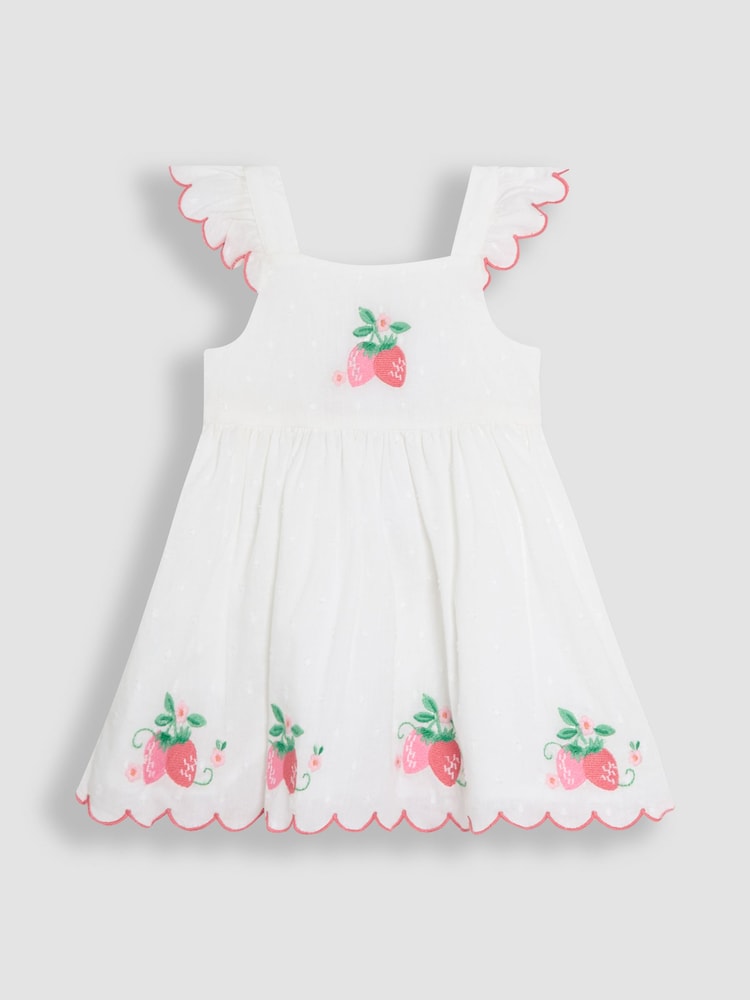 JoJo Maman Bébé Pink Baby Strawberry Embroidered Scallop Sleeve 100% Cotton Dress - Image 2 of 6