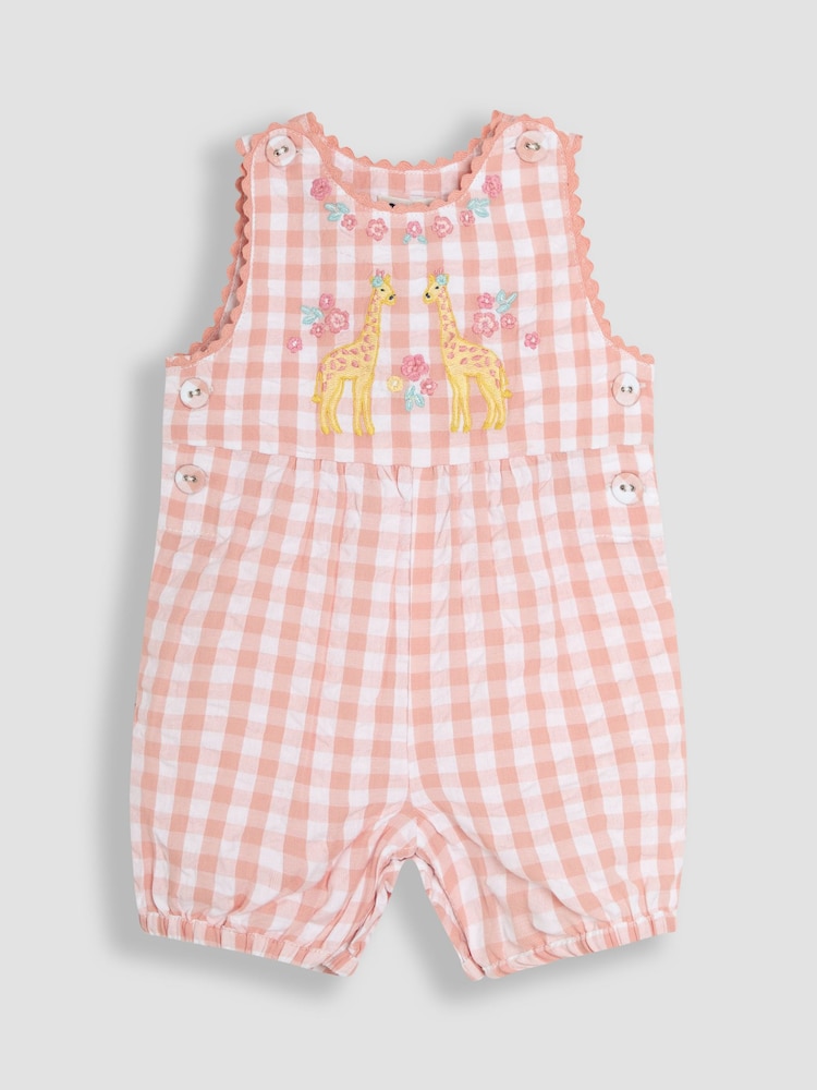 JoJo Maman Bébé Coral Gingham Giraffe Appliqué Dungarees - Image 1 of 3