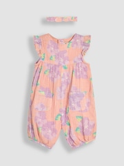 Koralle, Pink, tropisch, floral - Jojo Maman Bébé – hübscher Sonnenschutz-Anzug mit Rüschenschulter und Stirnband aus 100 % Baumwolle - Bild 1 von 5