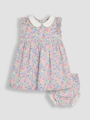 JoJo Maman Bébé Coral Pink Baby Tropical Floral Print Frill Shoulder 100% Cotton Dress - Image 1 of 5