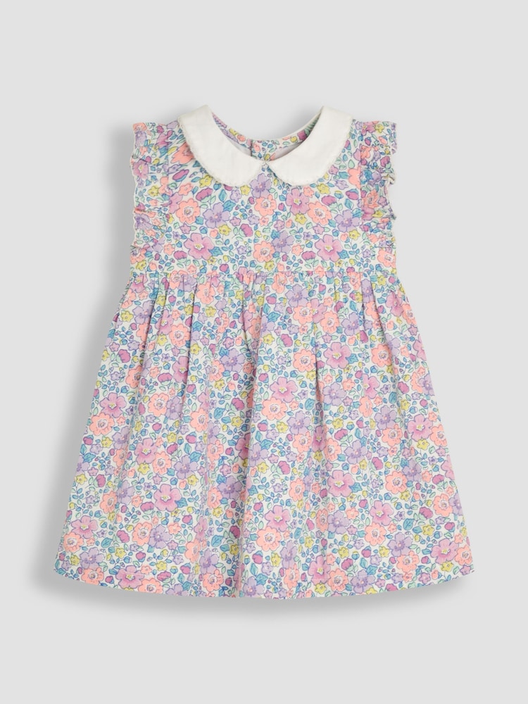 JoJo Maman Bébé Coral Pink Baby Tropical Floral Print Frill Shoulder 100% Cotton Dress - Image 2 of 5