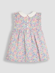 JoJo Maman Bébé Coral Pink Baby Tropical Floral Print Frill Shoulder 100% Cotton Dress - Image 3 of 5