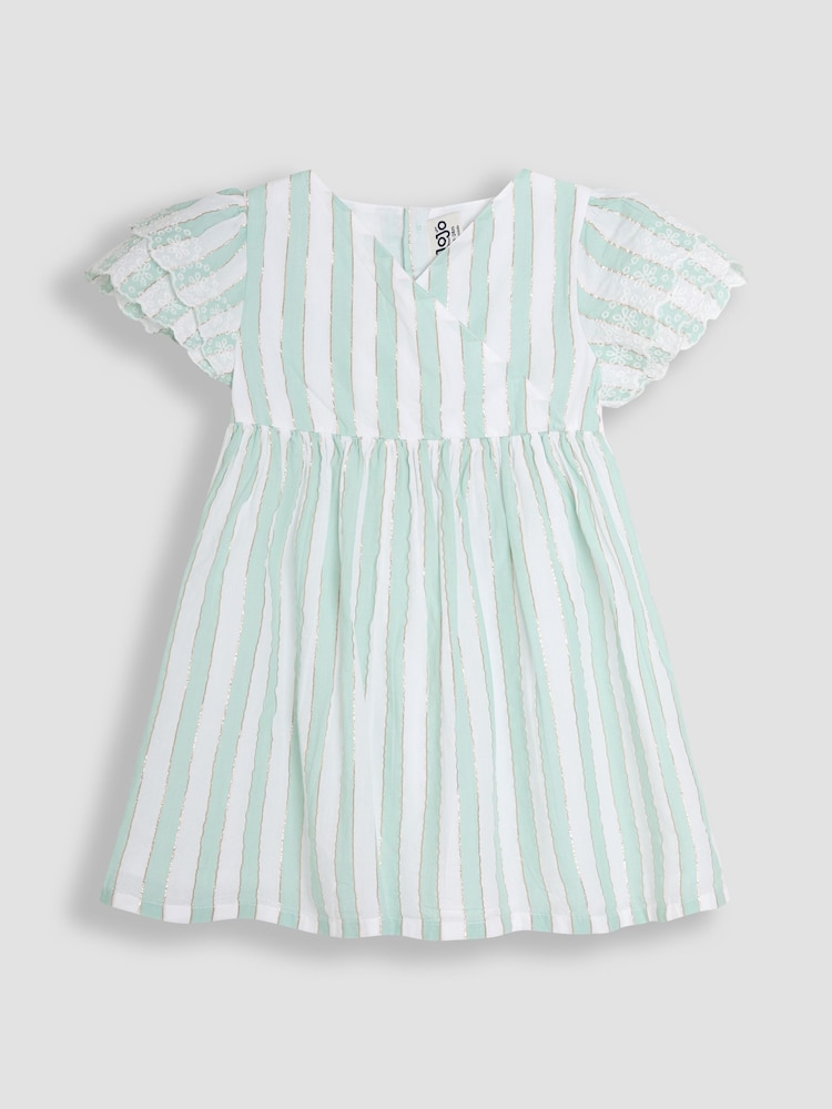 JoJo Maman Bébé Aqua Blue Stripe Frill Sleeve Wrap Dress - Image 1 of 3