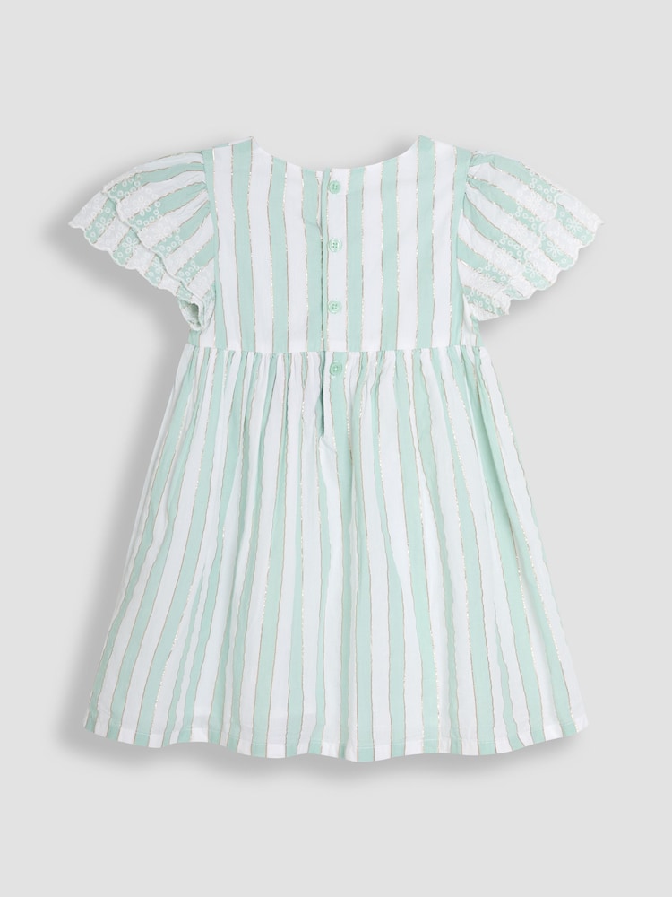 JoJo Maman Bébé Aqua Blue Stripe Frill Sleeve Wrap Dress - Image 2 of 3