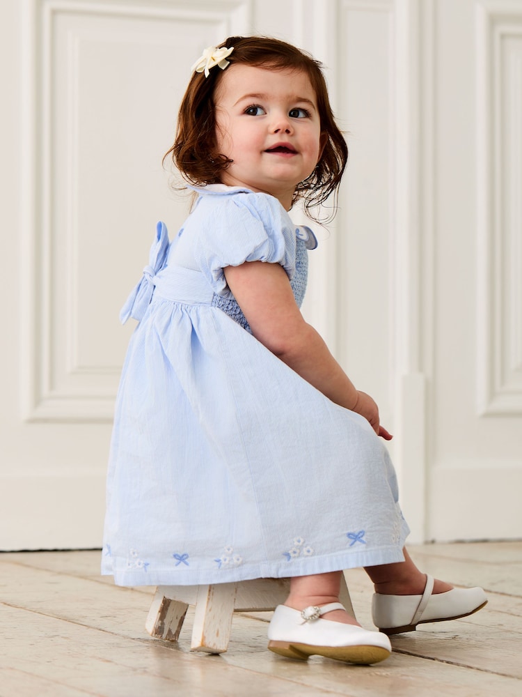 JoJo Maman Bébé Blue Bud Floral Embroidered Smocked Party Dress - Image 2 of 10
