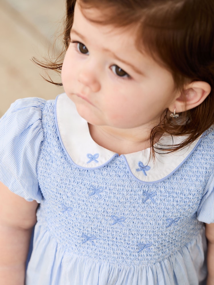 JoJo Maman Bébé Blue Bud Floral Embroidered Smocked Party Dress - Image 3 of 10