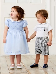 JoJo Maman Bébé Blue Bud Floral Embroidered Smocked Party Dress - Image 5 of 10