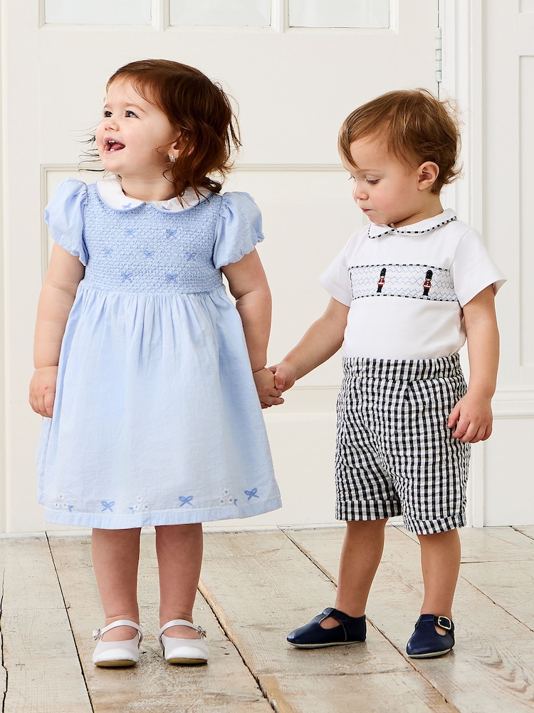 JoJo Maman Bébé Blue Bud Floral Embroidered Smocked Party Dress - Image 5 of 10