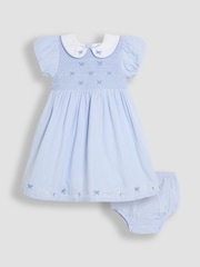 JoJo Maman Bébé Blue Bud Floral Embroidered Smocked Party Dress - Image 6 of 10