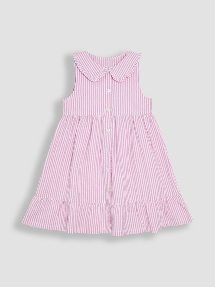 JoJo Maman Bébé Pink Seersucker Stripe Collar Button Through Dress - Image 1 of 3