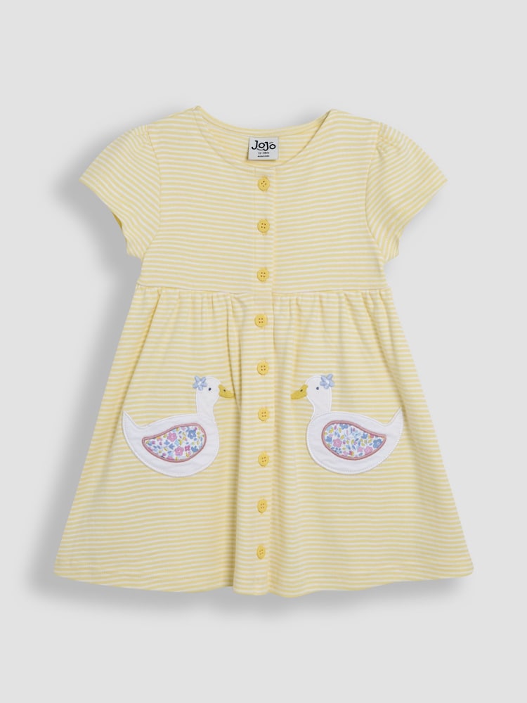 JoJo Maman Bébé Yellow Duck Pocket 100% Cotton Appliqué Button Through Dress - Image 1 of 2
