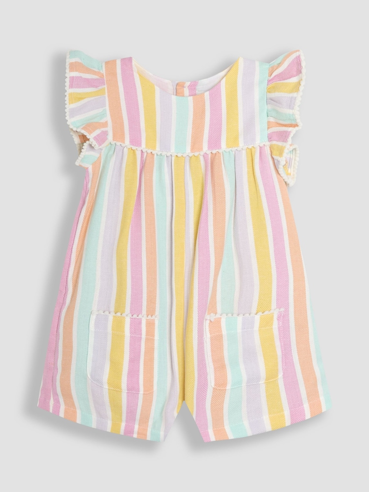 JoJo Maman Bébé Rainbow Stripe Frill Sleeve Playsuit - Image 1 of 3