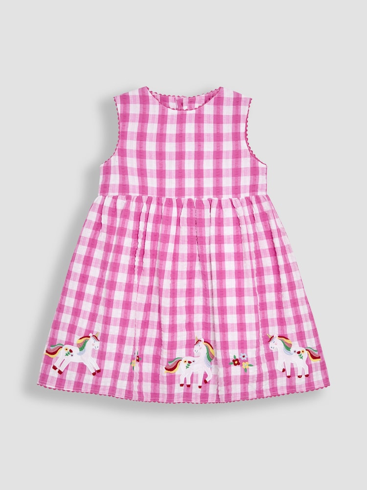 JoJo Maman Bébé Fuchsia Pink Unicorn Appliqué Gingham Summer Dress - Image 1 of 3