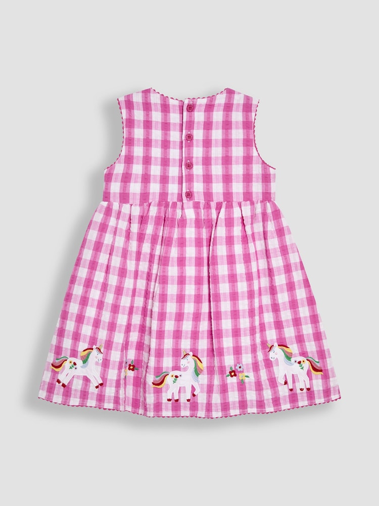 JoJo Maman Bébé Fuchsia Pink Unicorn Appliqué Gingham Summer Dress - Image 2 of 3