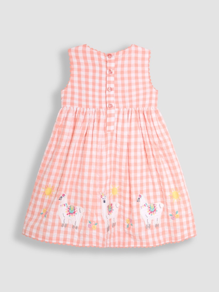 JoJo Maman Bébé Coral Pink Llama Appliqué Gingham Summer Dress - Image 2 of 3
