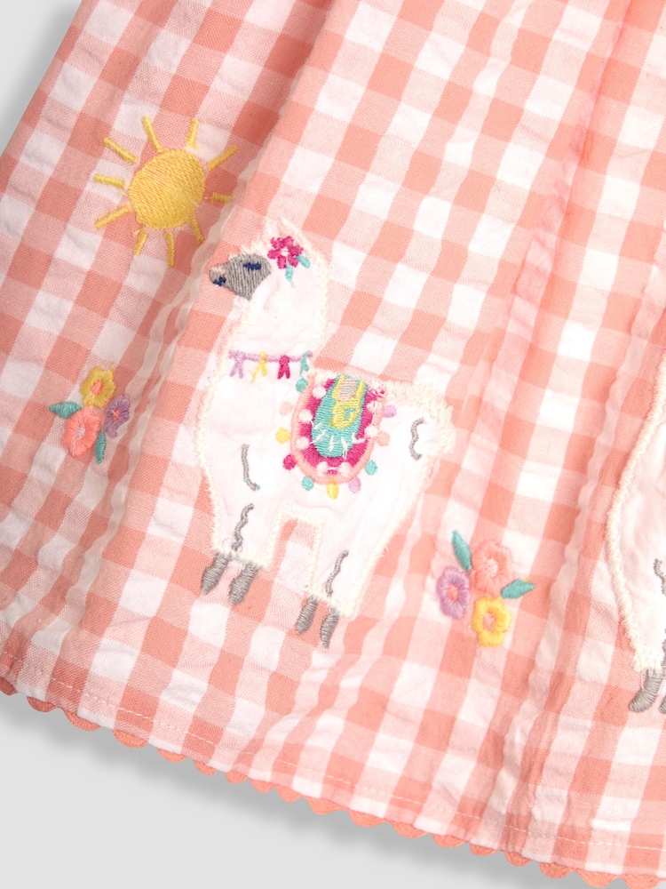 JoJo Maman Bébé Coral Pink Llama Appliqué Gingham Summer Dress - Image 3 of 3