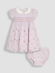 JoJo Maman Bébé Lilac Purple Floral Seersucker Embroidered Smocked Dress - Image 1 of 5