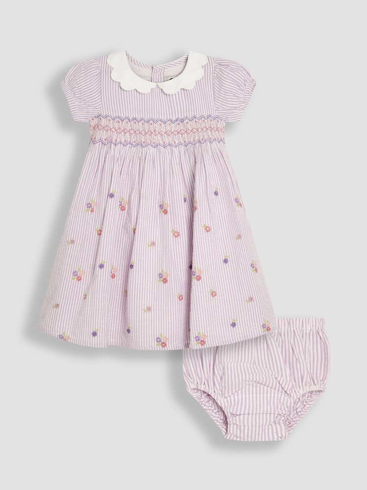 JoJo Maman Bébé Lilac Purple Floral Seersucker Embroidered Smocked Dress - Image 1 of 5
