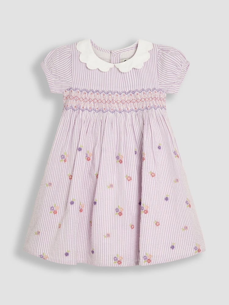 JoJo Maman Bébé Lilac Purple Floral Seersucker Embroidered Smocked Dress - Image 2 of 5