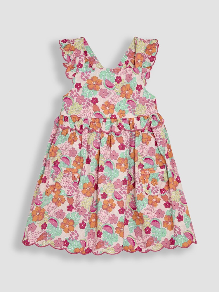 JoJo Maman Bébé Pink Jungle Floral Print Scallop Hem Sun Dress - Image 1 of 3