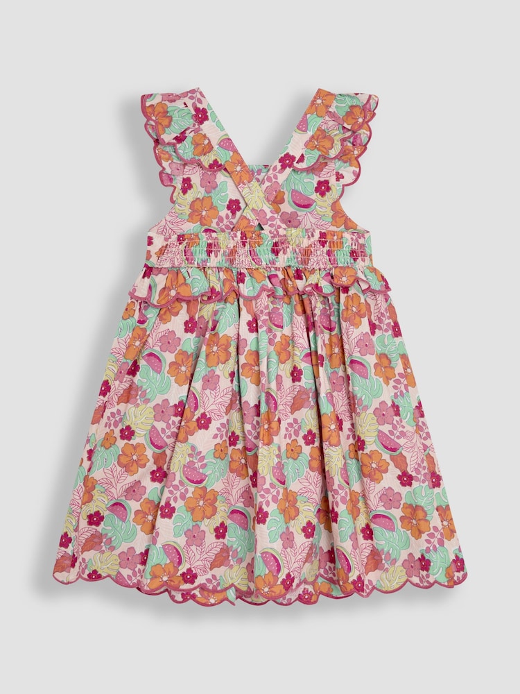 JoJo Maman Bébé Pink Jungle Floral Print Scallop Hem Sun Dress - Image 2 of 3