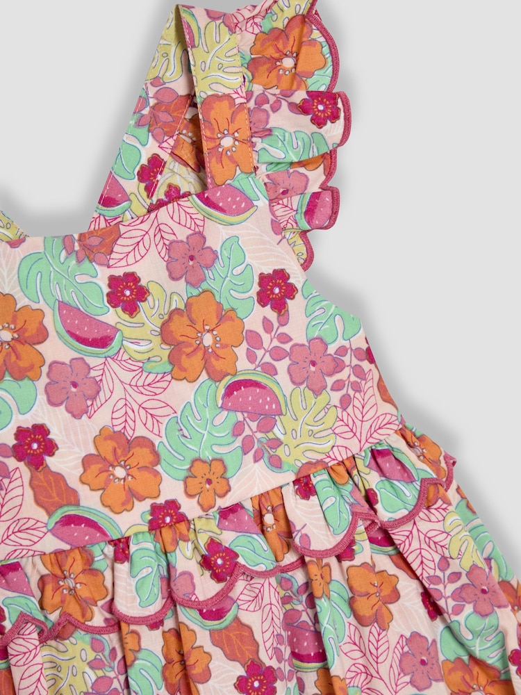 JoJo Maman Bébé Pink Jungle Floral Print Scallop Hem Sun Dress - Image 3 of 3