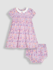 JoJo Maman Bébé Lilac Purple Tropical Floral Smocked Woven 100% Cotton Dress - Image 1 of 5