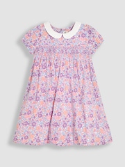 JoJo Maman Bébé Lilac Purple Tropical Floral Smocked Woven 100% Cotton Dress - Image 2 of 5