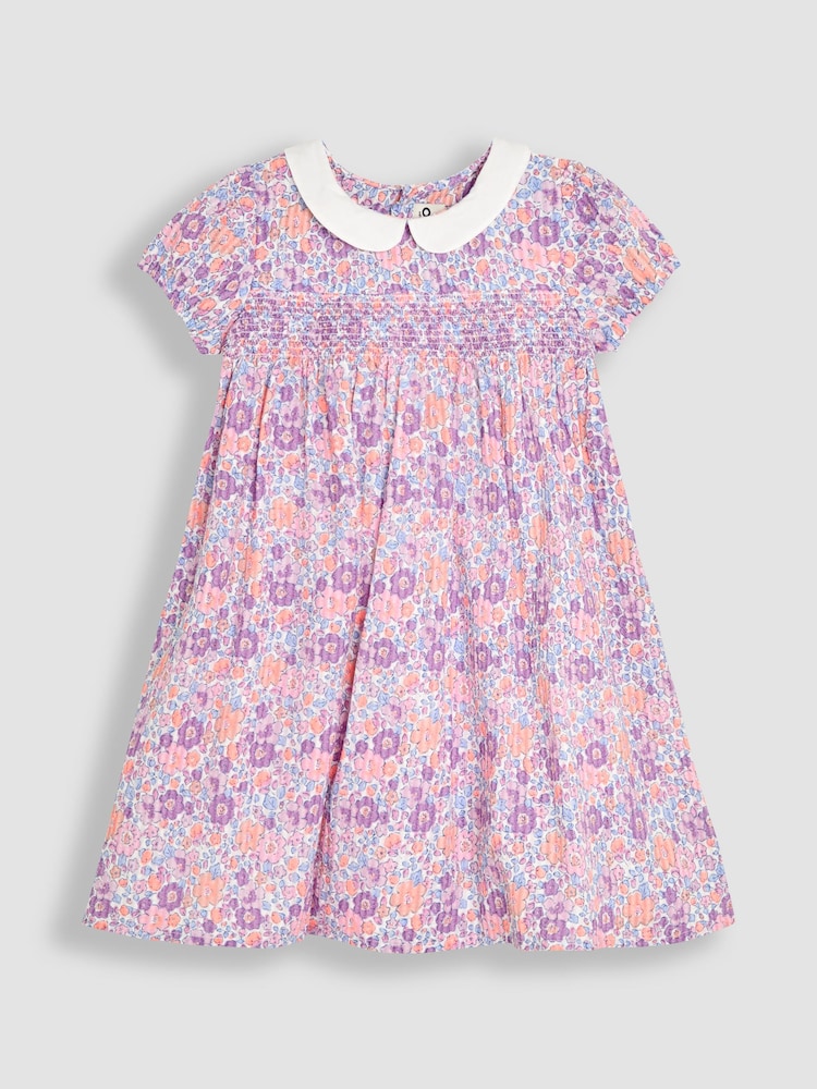 JoJo Maman Bébé Lilac Purple Tropical Floral Smocked Woven 100% Cotton Dress - Image 2 of 5
