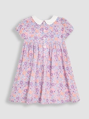 JoJo Maman Bébé Lilac Purple Tropical Floral Smocked Woven 100% Cotton Dress - Image 3 of 5