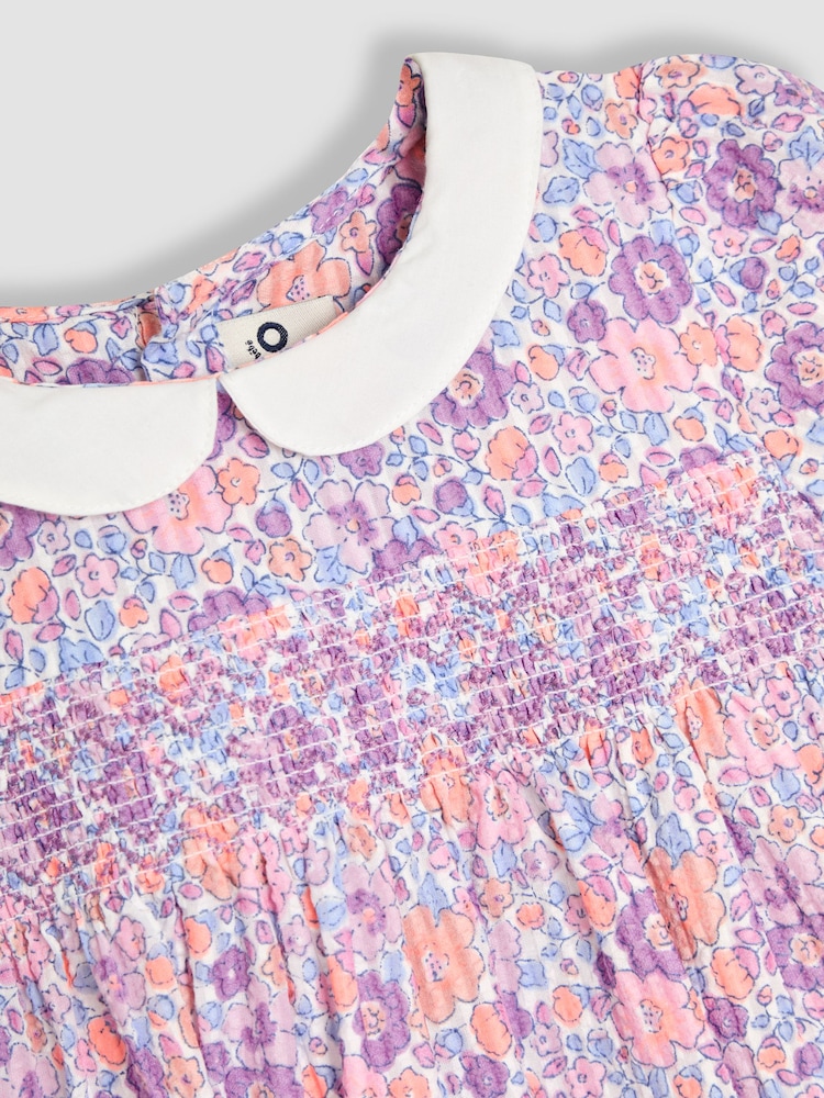 JoJo Maman Bébé Lilac Purple Tropical Floral Smocked Woven 100% Cotton Dress - Image 5 of 5