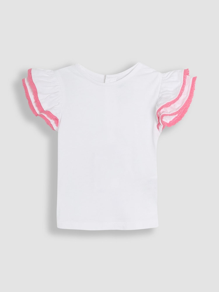 JoJo Maman Bébé Coral Pink Floral 2-Piece Double Frill Sleeve 100% Cotton T-Shirt & Skirt Set - Image 1 of 3