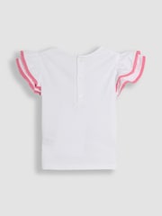 JoJo Maman Bébé Coral Pink Floral 2-Piece Double Frill Sleeve 100% Cotton T-Shirt & Skirt Set - Image 2 of 3