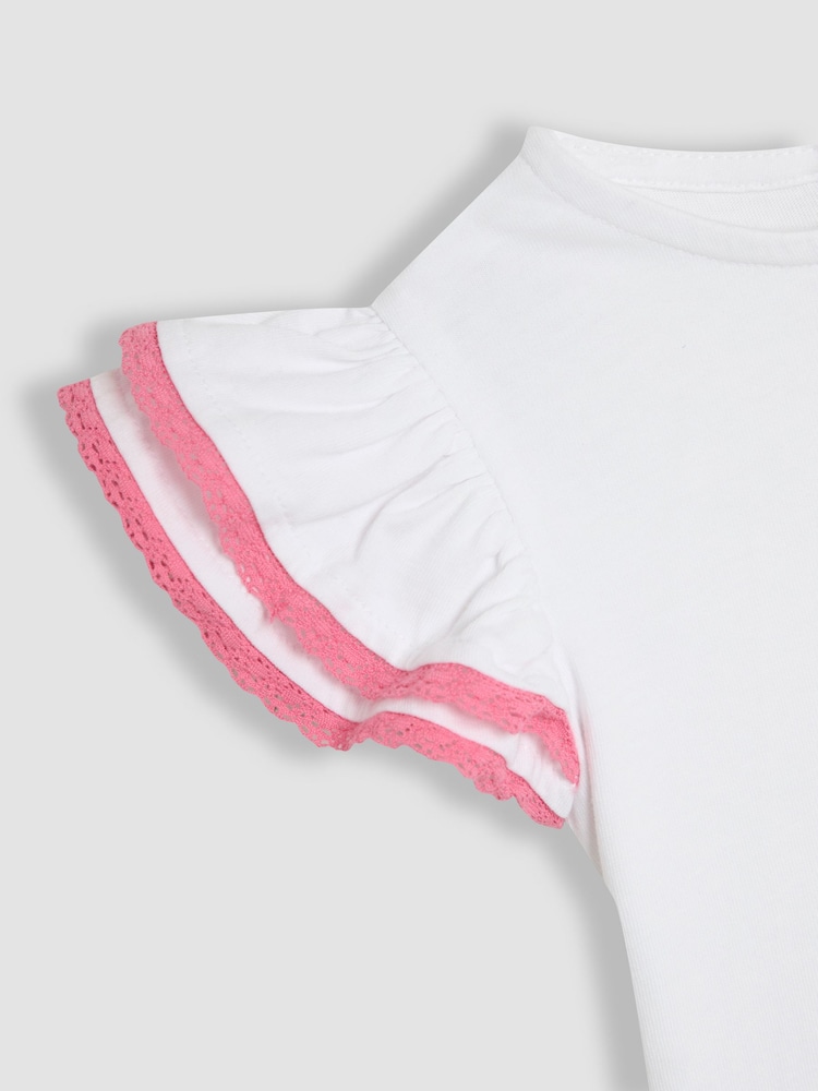 JoJo Maman Bébé Coral Pink Floral 2-Piece Double Frill Sleeve 100% Cotton T-Shirt & Skirt Set - Image 2 of 3
