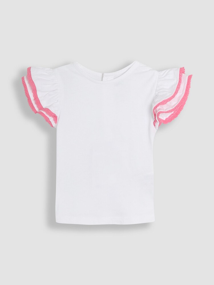 JoJo Maman Bébé Coral Pink Floral 2-Piece Double Frill Sleeve 100% Cotton T-Shirt & Skirt Set - Image 3 of 3
