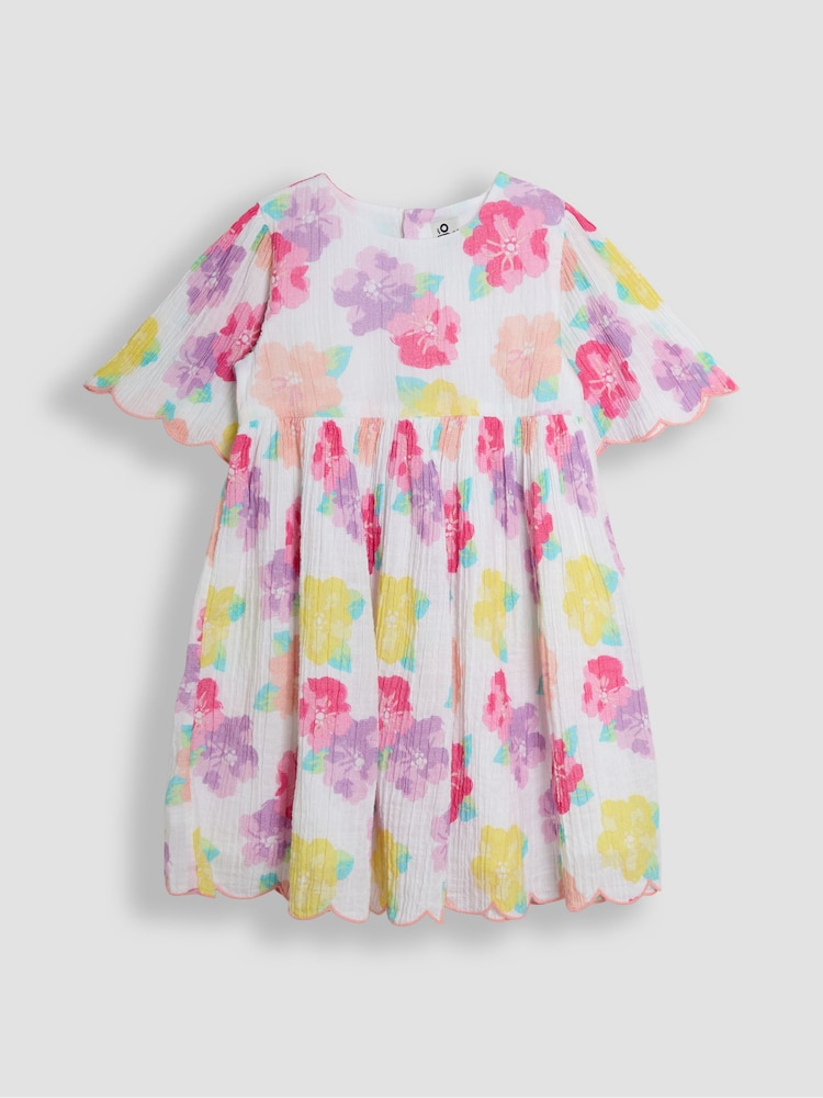 JoJo Maman Bébé Pink Tropical Floral Scallop Sleeve Dress - Image 1 of 3