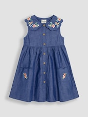 JoJo Maman Bébé Chambray Blue Embroidered Scallop Collar Button Through Dress - Image 1 of 4