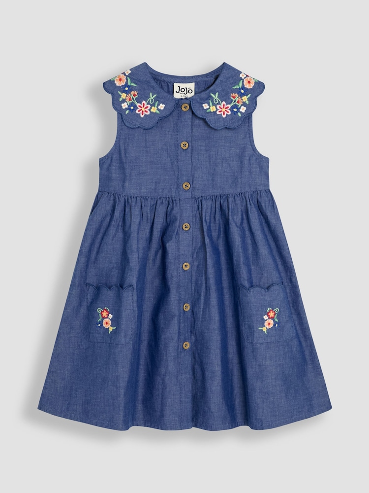JoJo Maman Bébé Chambray Blue Embroidered Scallop Collar Button Through Dress - Image 1 of 4