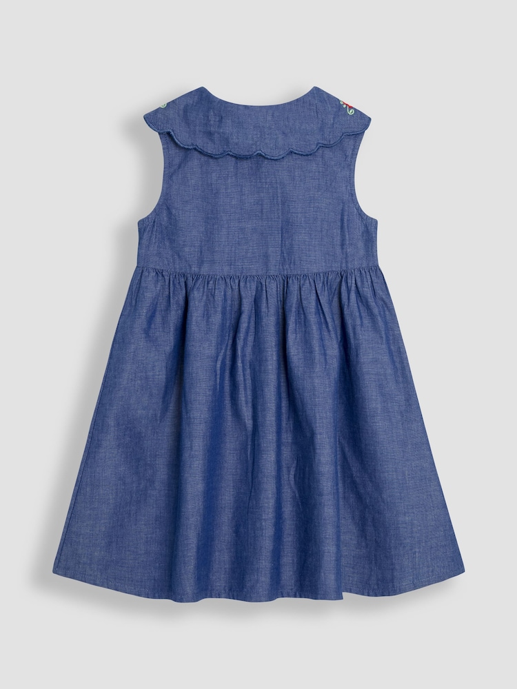 JoJo Maman Bébé Chambray Blue Embroidered Scallop Collar Button Through Dress - Image 2 of 4