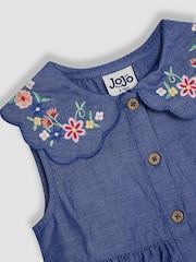 JoJo Maman Bébé Chambray Blue Embroidered Scallop Collar Button Through Dress - Image 3 of 4
