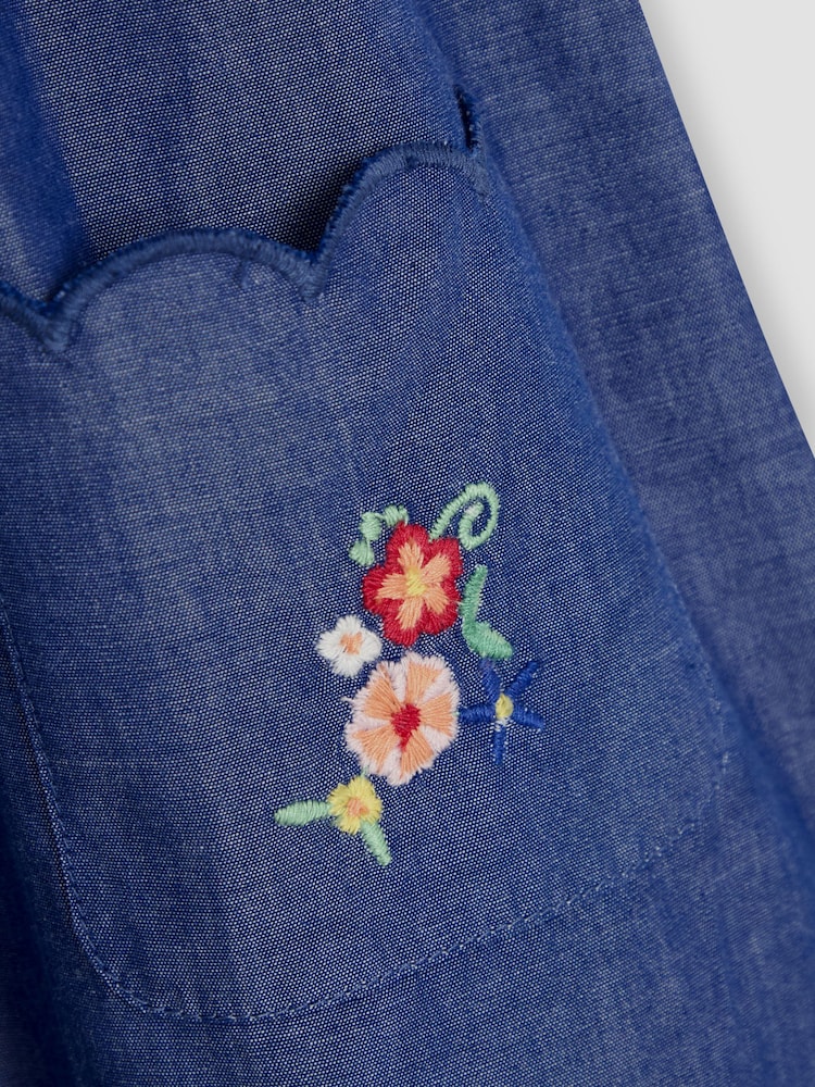 JoJo Maman Bébé Chambray Blue Embroidered Scallop Collar Button Through Dress - Image 4 of 4