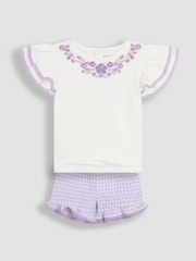 JoJo Maman Bébé Lilac Purple Gingham 2-Piece Embroidered Double Frill Sleeve T-Shirt & Shorts Set - Image 1 of 6