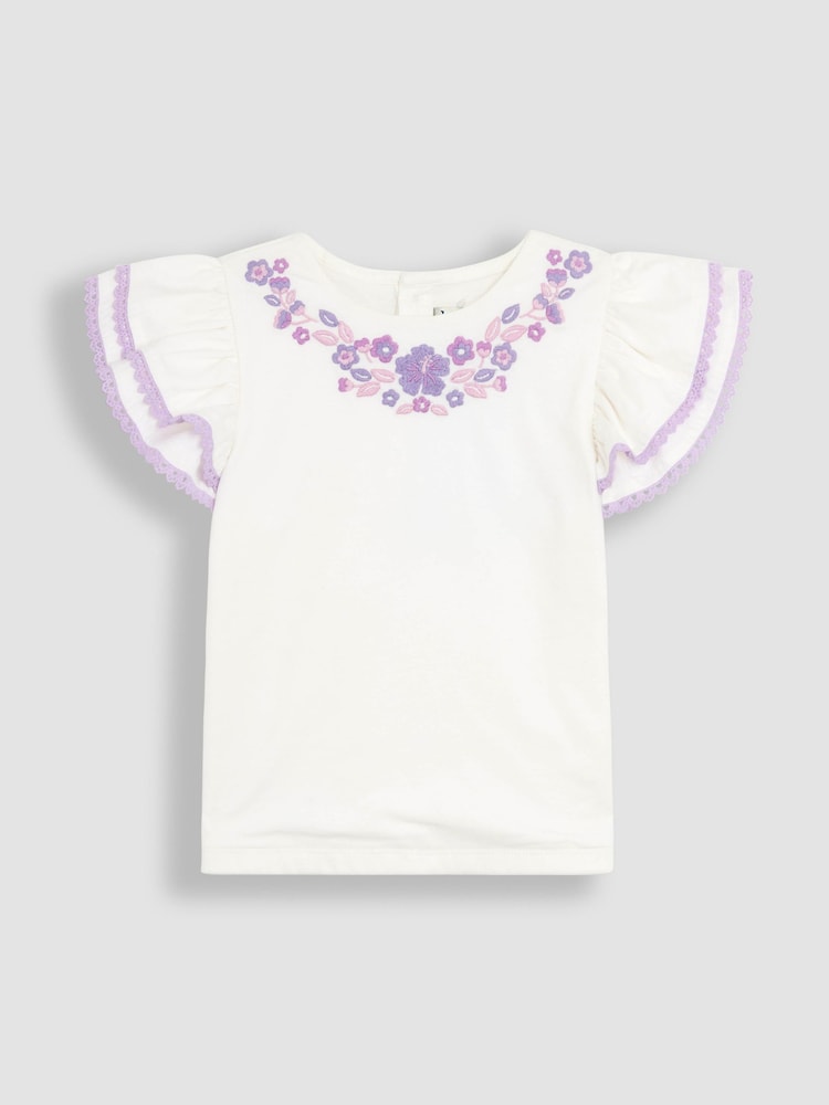 JoJo Maman Bébé Lilac Purple Gingham 2-Piece Embroidered Double Frill Sleeve T-Shirt & Shorts Set - Image 2 of 6
