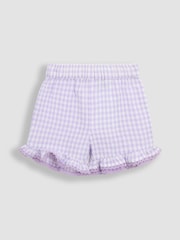 JoJo Maman Bébé Lilac Purple Gingham 2-Piece Embroidered Double Frill Sleeve T-Shirt & Shorts Set - Image 4 of 6