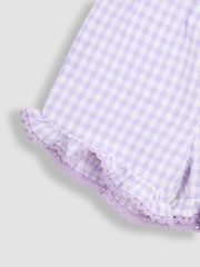 JoJo Maman Bébé Lilac Purple Gingham 2-Piece Embroidered Double Frill Sleeve T-Shirt & Shorts Set - Image 6 of 6
