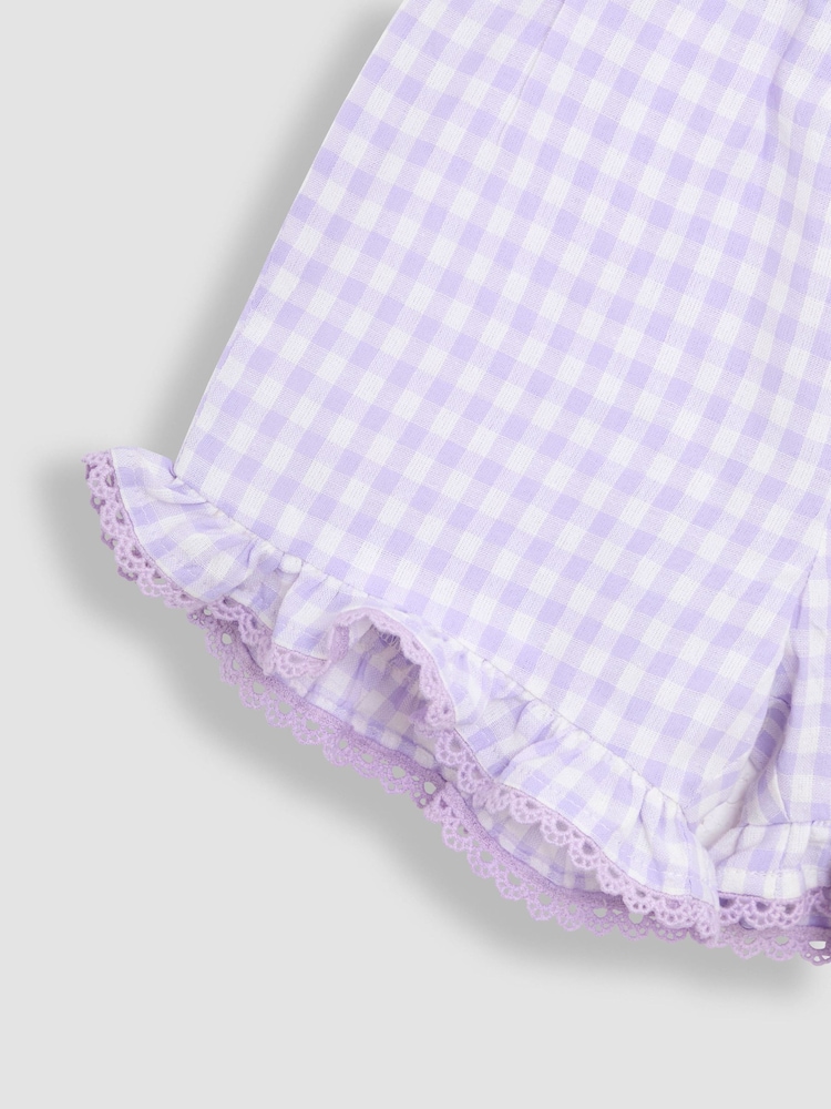 JoJo Maman Bébé Lilac Purple Gingham 2-Piece Embroidered Double Frill Sleeve T-Shirt & Shorts Set - Image 6 of 6